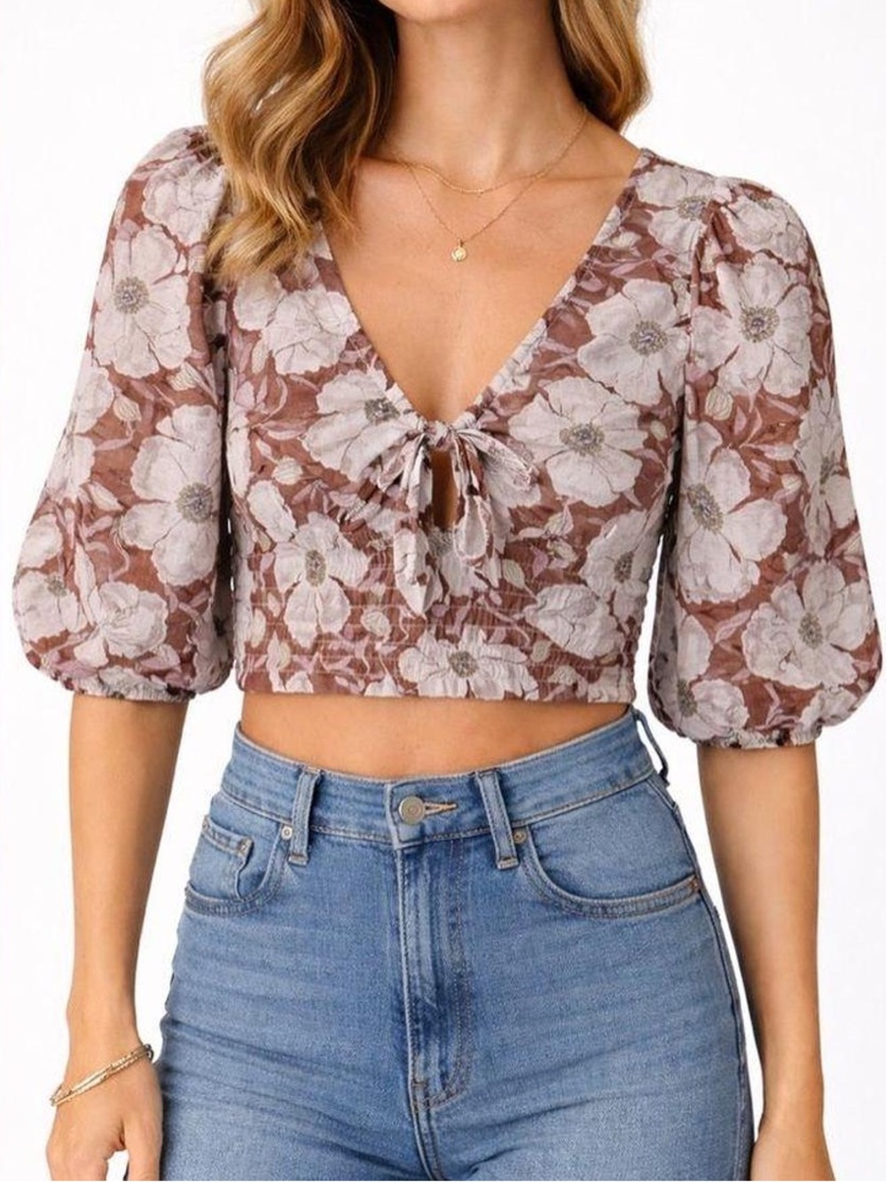 Abercrombie & Fitch Floral Crop Top Puff Sleeve and Front Tie Medium